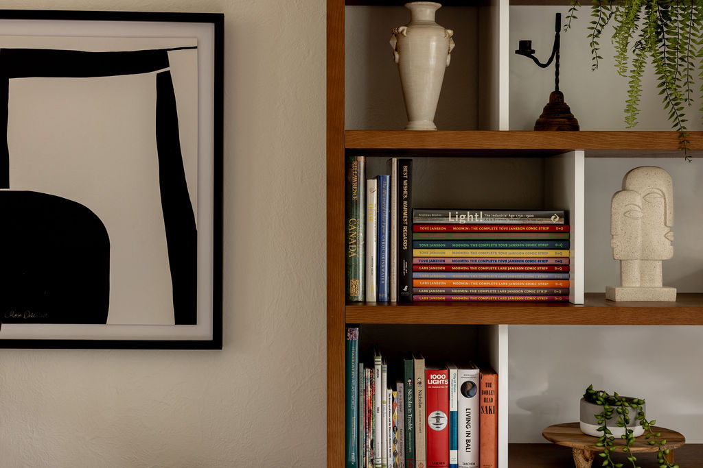 Detail of bookshelf and modern art