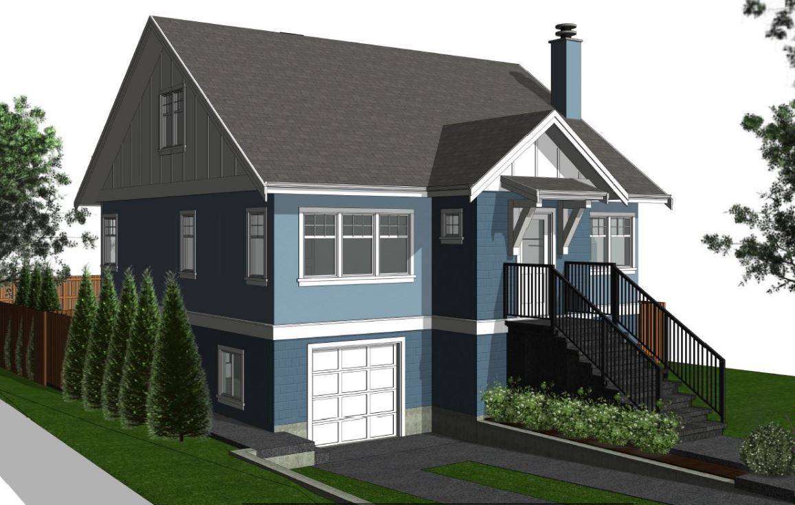 A rendering of a two-story blue house with garage and flight of stairs leading up to front door