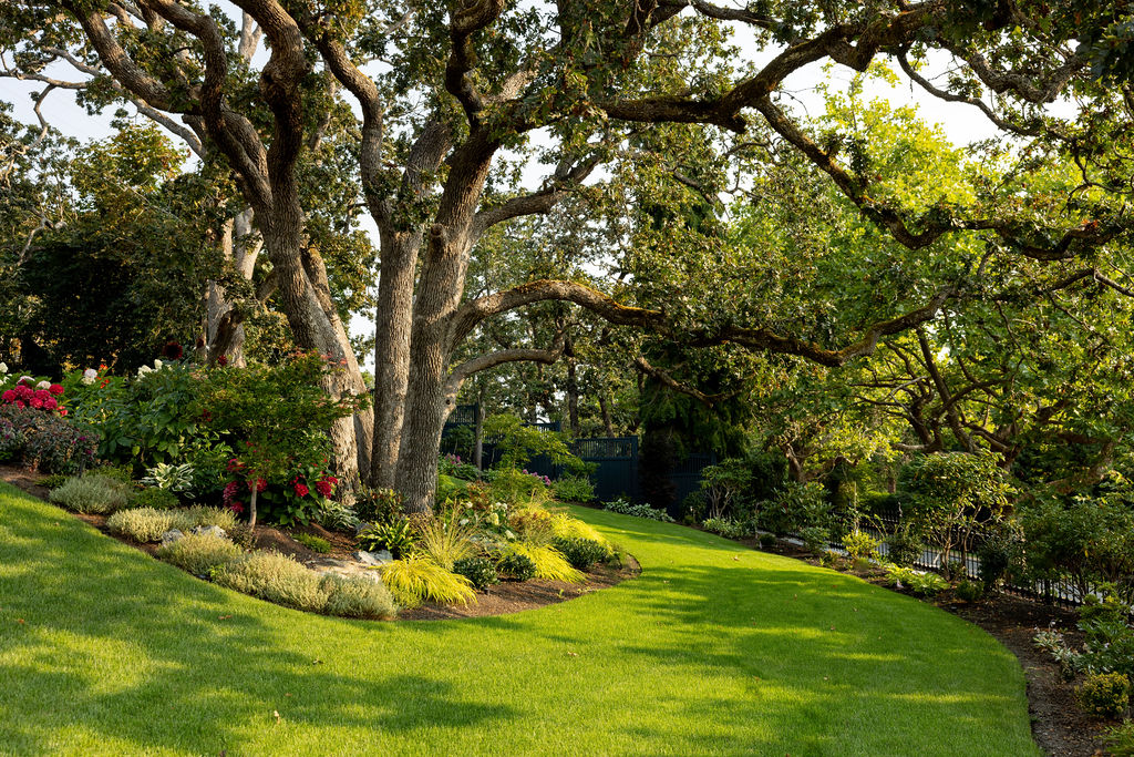 Well-manicured lawn and gardens