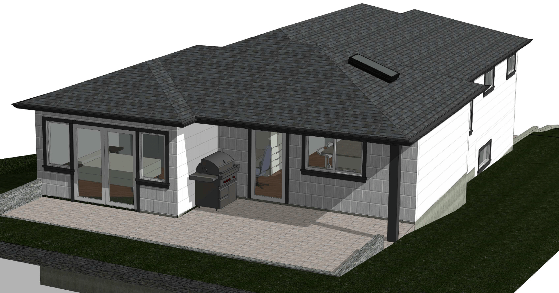 Design rendering of single-level house with back patio and BBQ